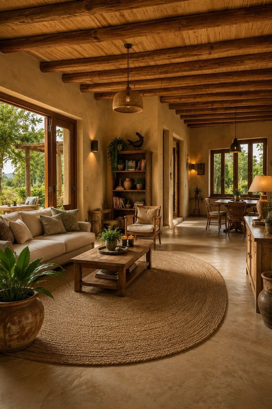Interior of a handcrafted clay farmhouse with exposed wood-beam ceiling