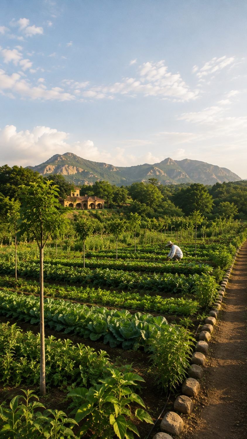 A farmer tending rows of vegetables in the shared organic farm plots, with a clay farmhouse and the Aravalli hills beyond