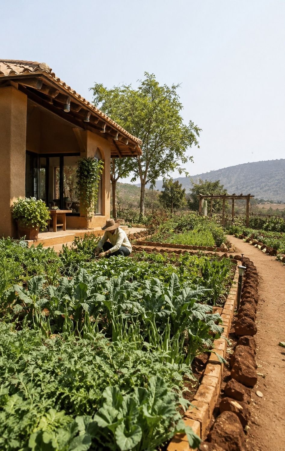 Kitchen garden beds beside a clay farmhouse
