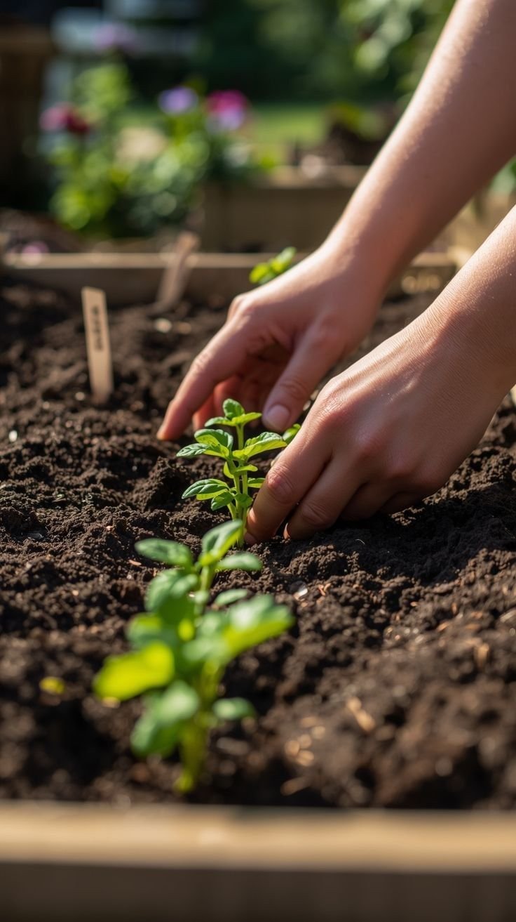 Planting young seedlings by hand in the community farm beds