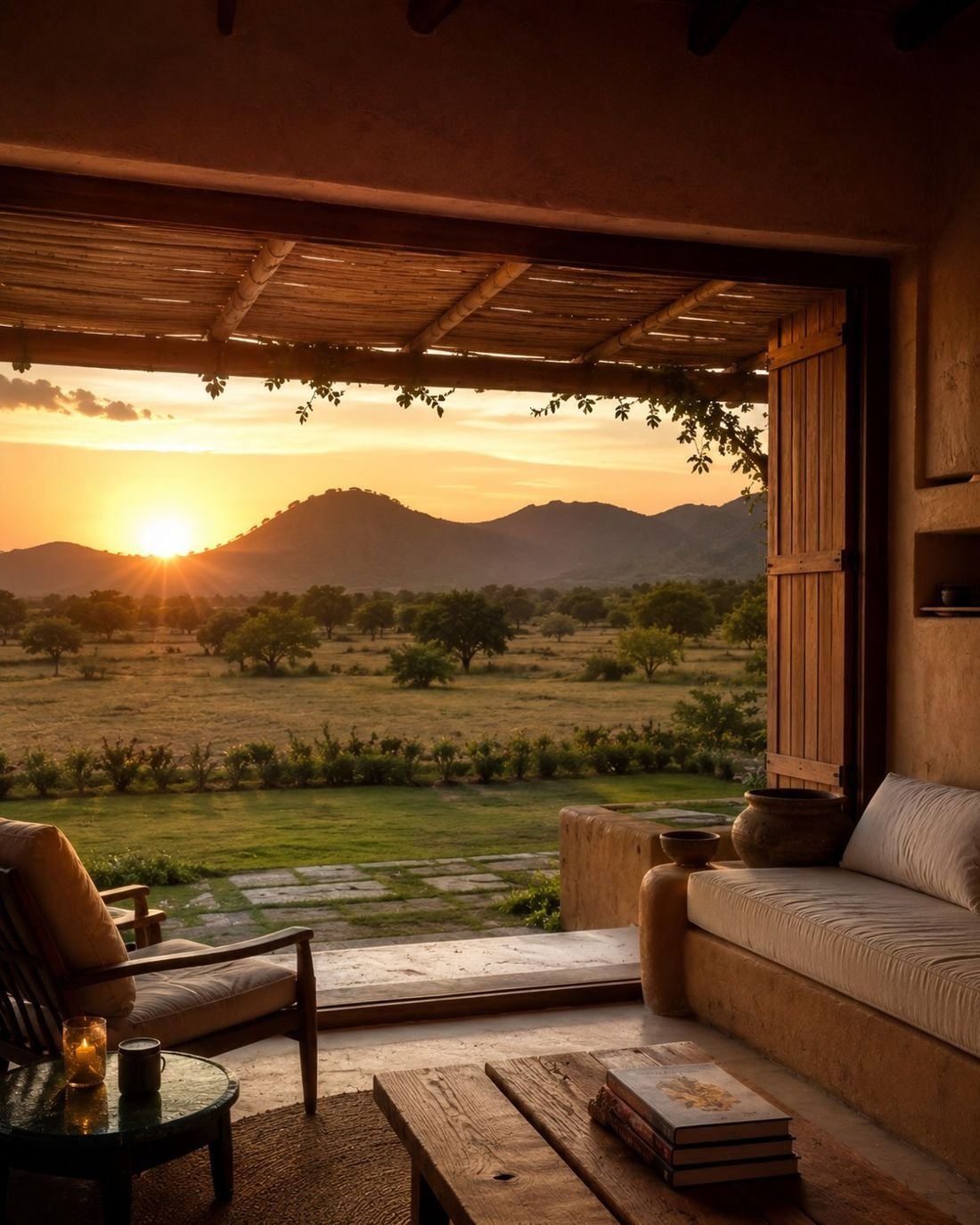 Sunset over the hills, seen from a shaded veranda