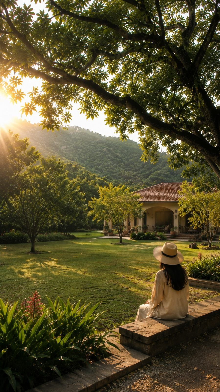 A resident sitting beneath a mature tree at golden hour, looking out over the lawn toward a clay farmhouse